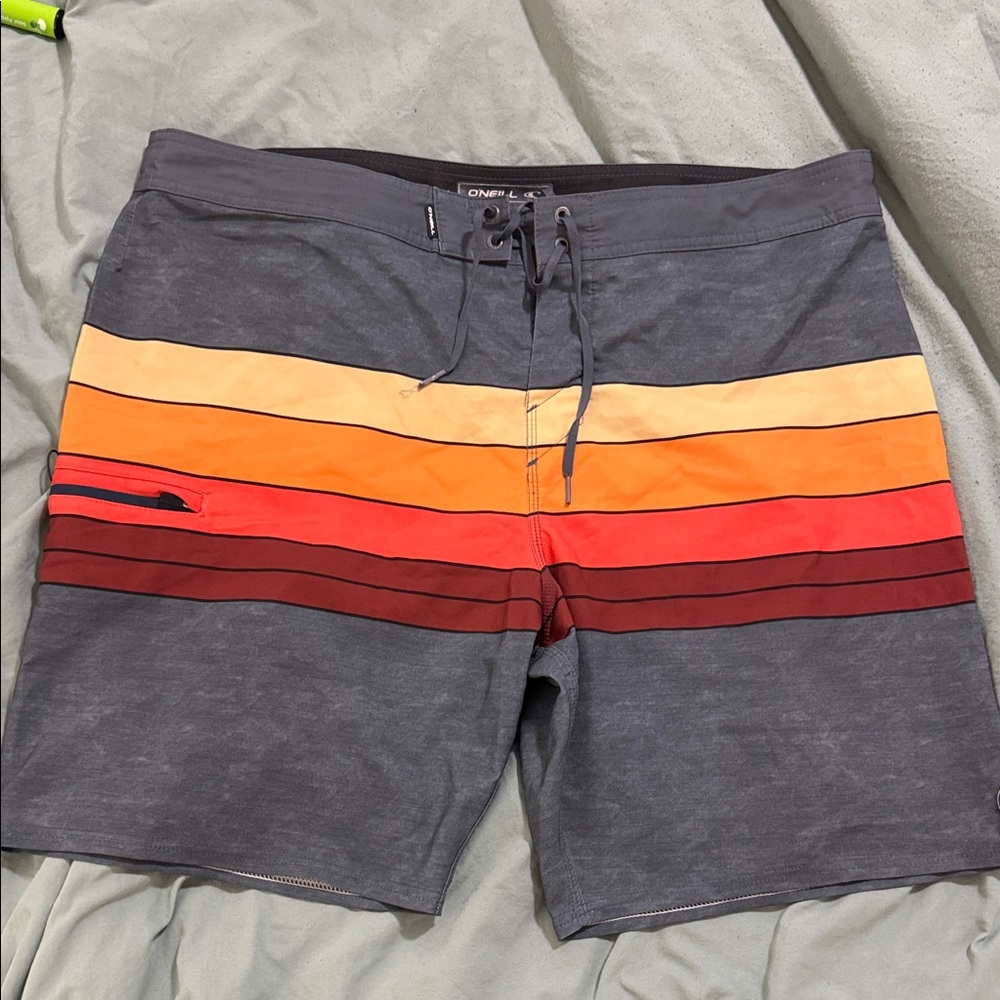 O'Neill Men's Striped Gray and Orange Board Shorts